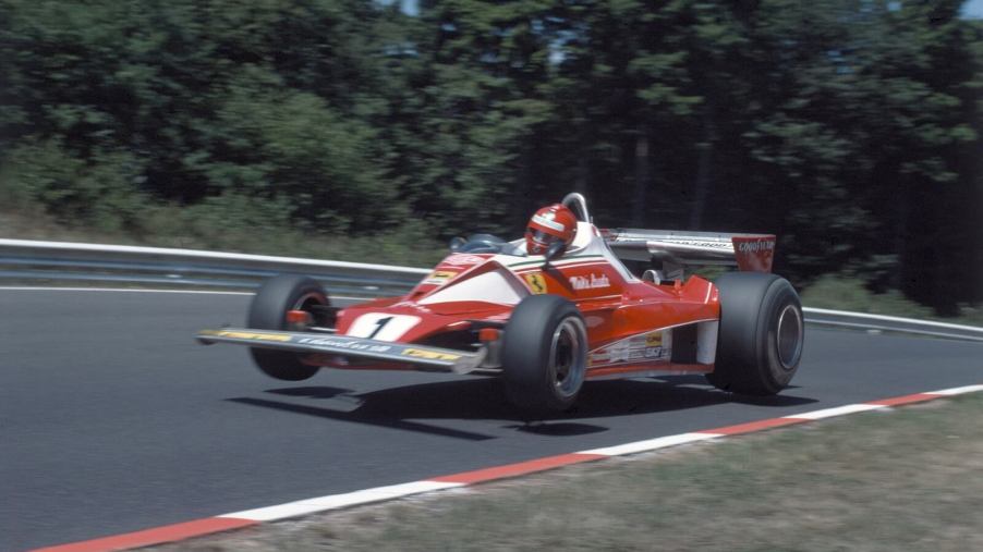 Niki Lauda catches air in his Ferrari F1 car in a still from a documentary movie.