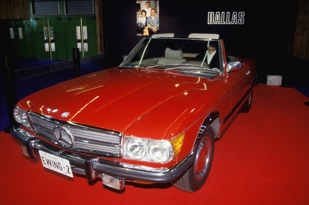 An R107 Mercedes-Benz SL, like the movie car from 'Ernest Saves Christmas,' shows off its front-end styling.