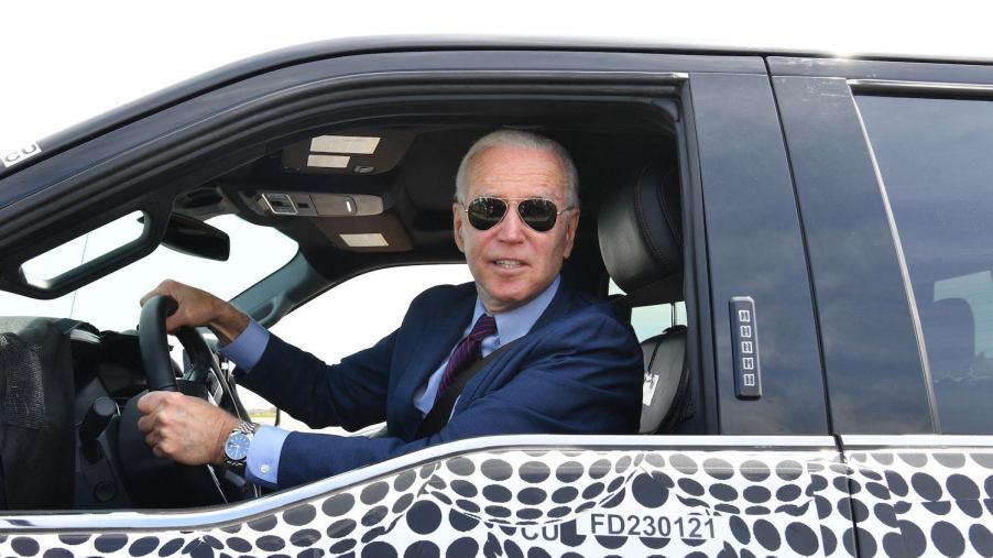 Joe Biden drives a Ford F-150 Lightning EV