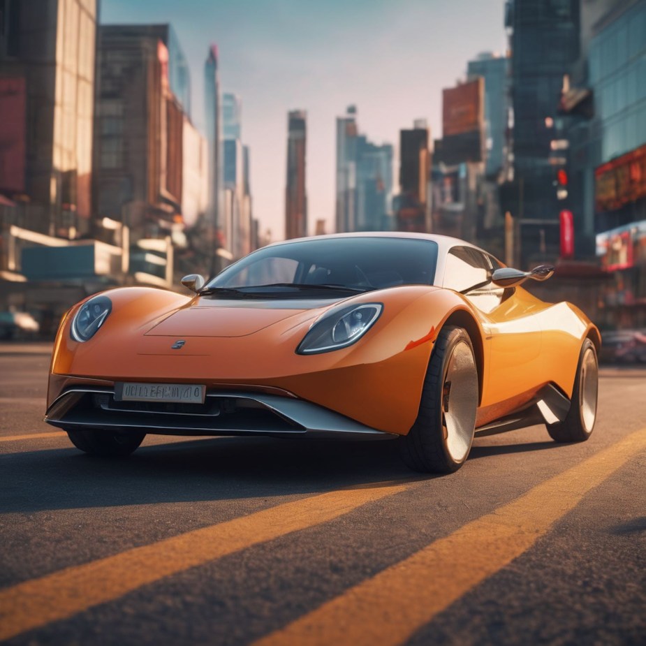 Orange, Lotus-like retro-futuristic compact EV car.