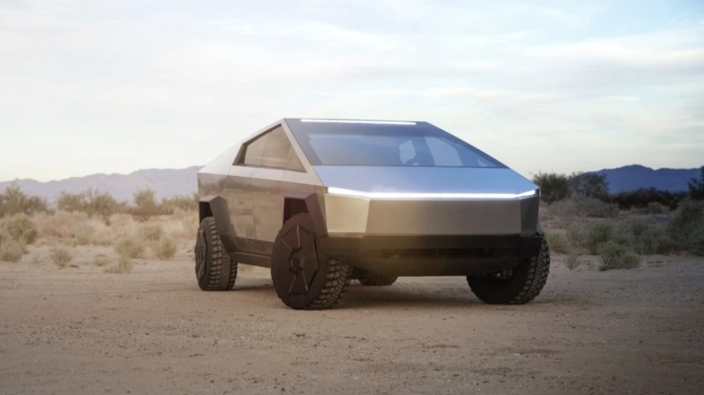 The Tesla Cybertruck parked in the desert