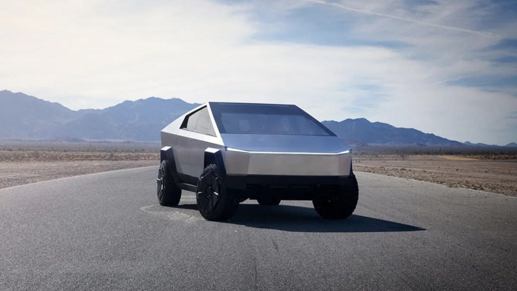 The Tesla Cybertruck parked in the middle of the road