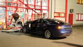 Tesla electric vehicle crashed into a store before autopilot software recall