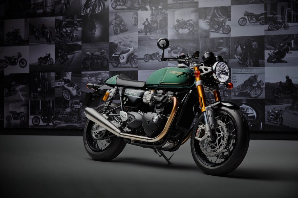 A Triumph Thruxton RS Final Edition shows off its green paintwork.