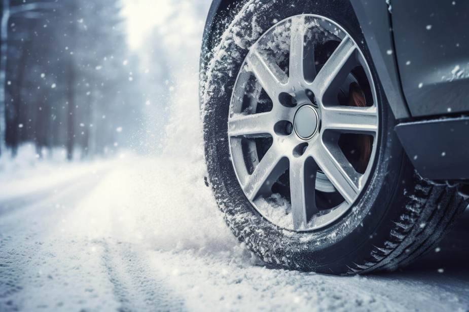 A vehicle shows off its winter tires, a must among travel tips and winter vacation tactics.