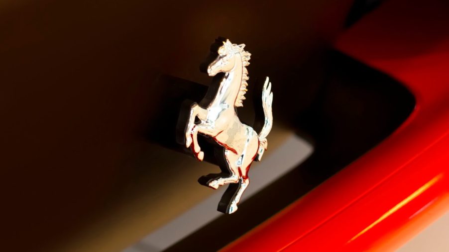 A badge on a Ferrari 458 like the one in Taylor Swift's collection shines.
