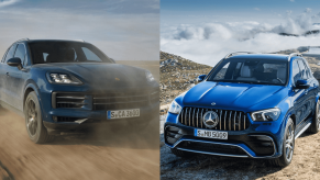 Images of a Porsche Cayenne SUV and Mercedes-Benz SUV are placed facing each other