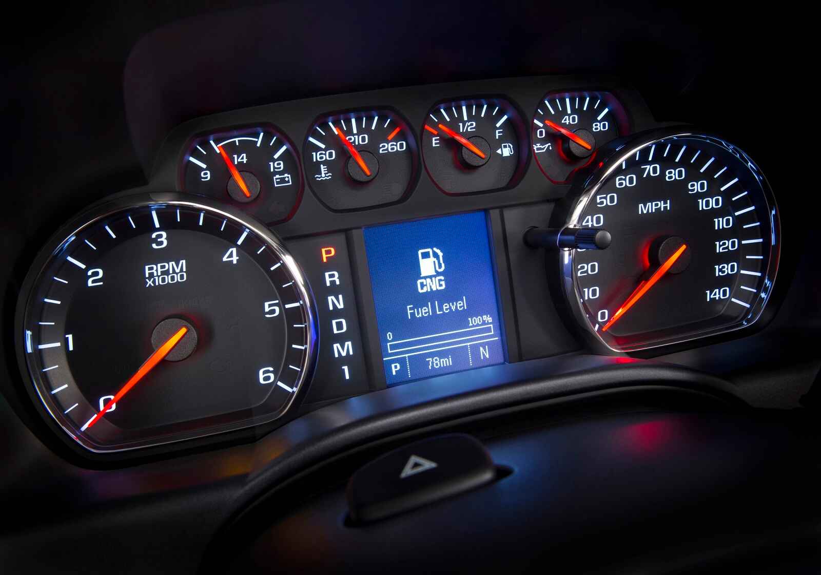 The dash of a 2015 Chevrolet Silverado bi-fuel truck