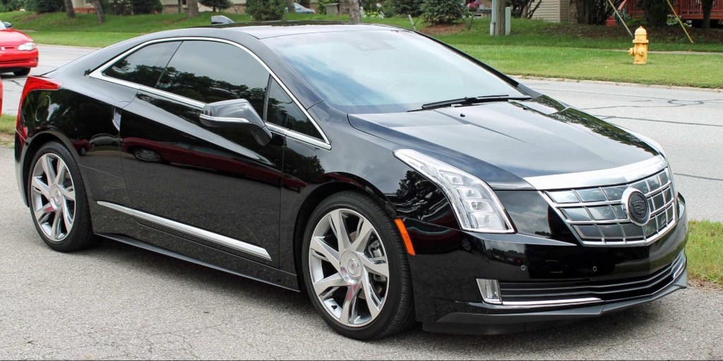 Black 2016 Cadillac ELR parked. This is a mostly forgotten plug-in hybrid luxury car.