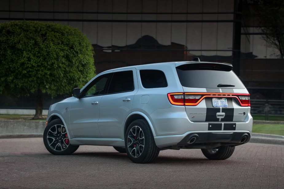 The back of a silver Dodge Durango Hellcat SUV