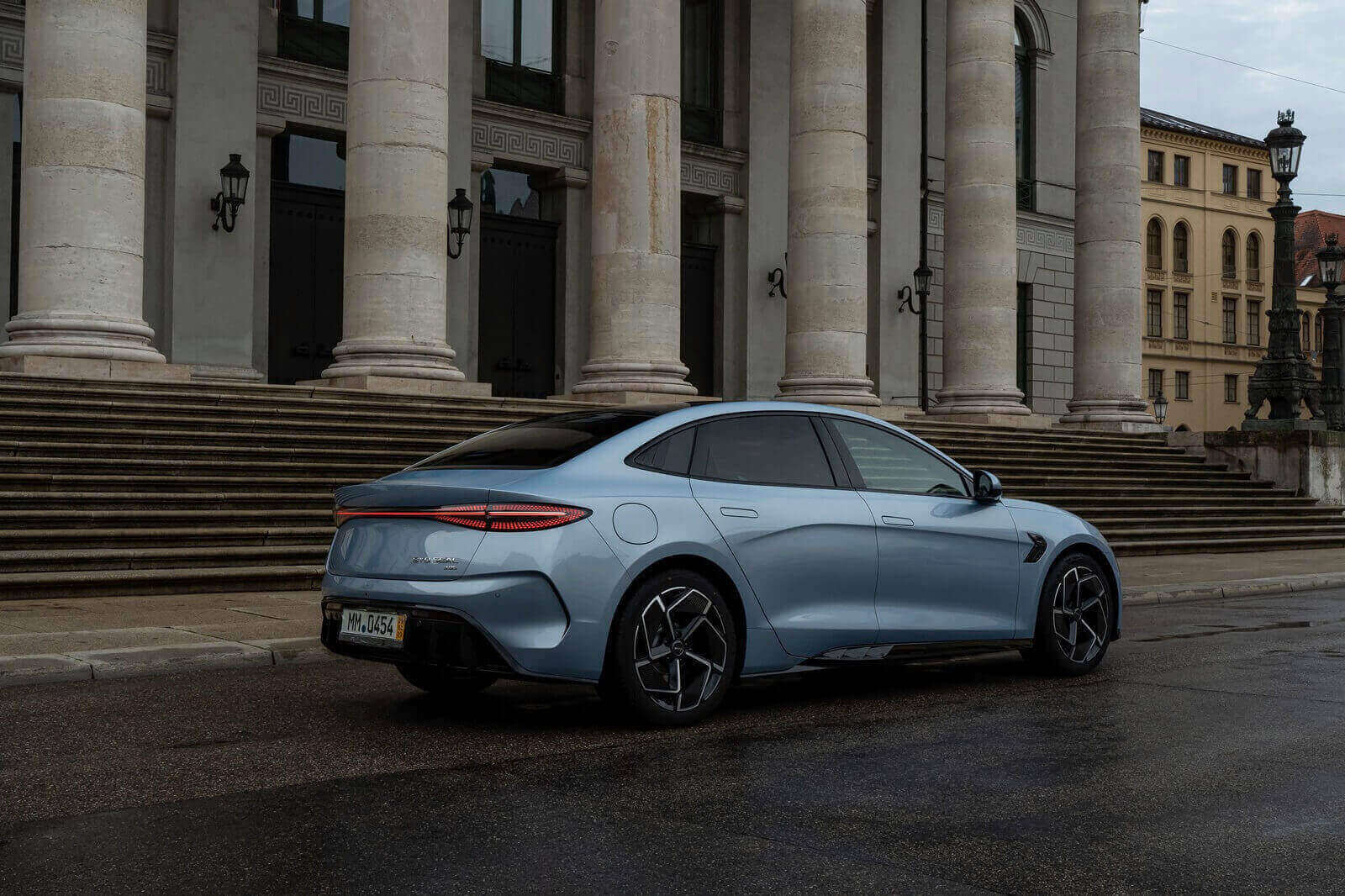 A silver blue BYD Seal shows off its rear-end styling. 