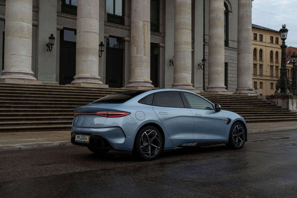 A silver blue BYD Seal shows off its rear-end styling.