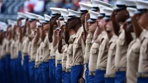 Young marines salute after joining the military and finishing boot camp.