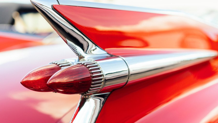 The chrome fin of a classic car parked in California.
