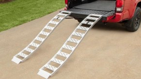 Cargosmart S-Curve Loading Ramps sold at Home Depot for loading lawn tractors.