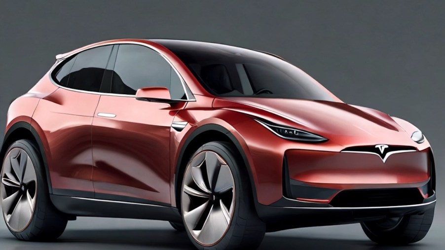 Render of a subcompact Tesla crossover like the upcoming 2025 Redwood