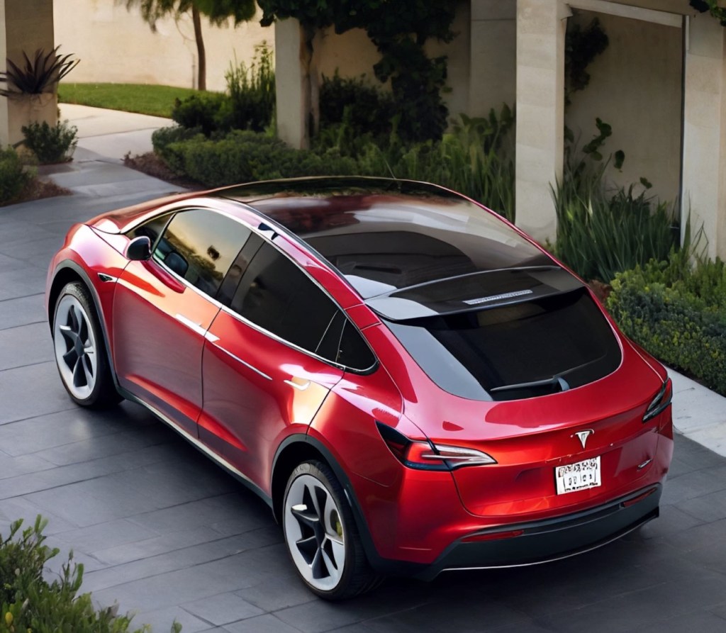 AI rendering of a compact Tesla crossover EV like the 2025 Redwood.