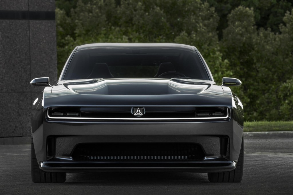 The Dodge Charger SRT EV Concept for the 2025 model shows off its front-end styling. 