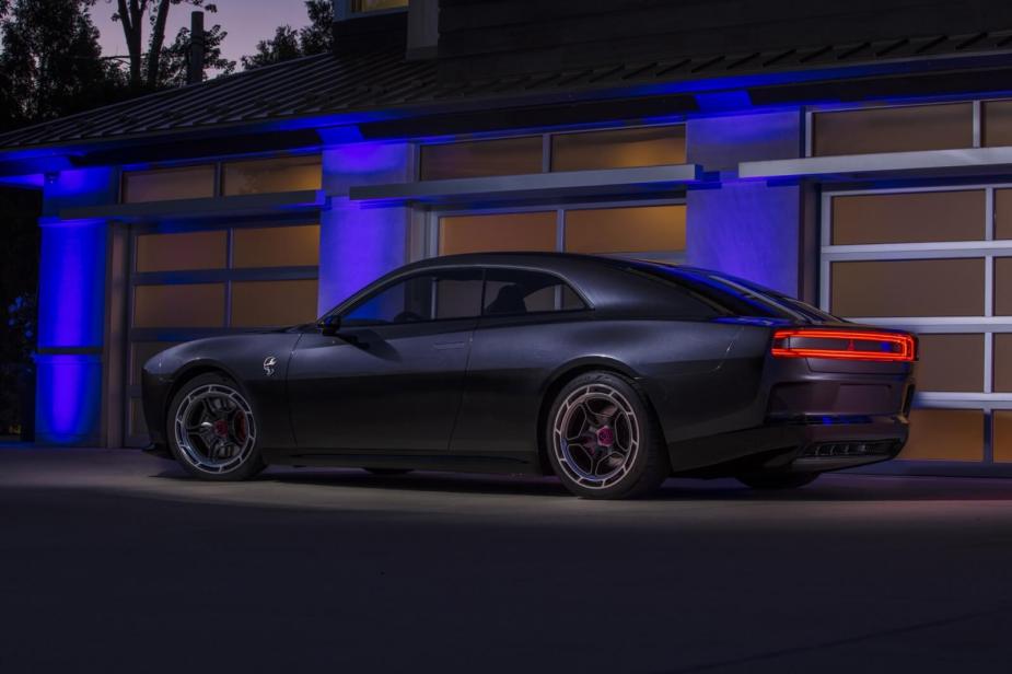 The Dodge Charger SRT EV Concept shows off its rear-end styling.