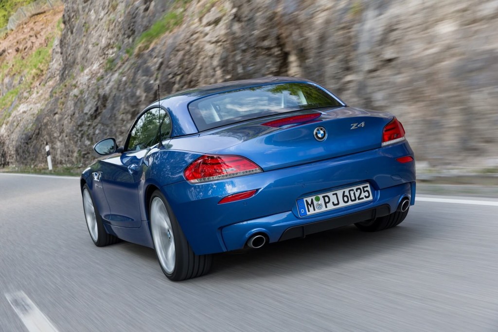 An E89 BMW Z4 driving in the mountains with the top up.