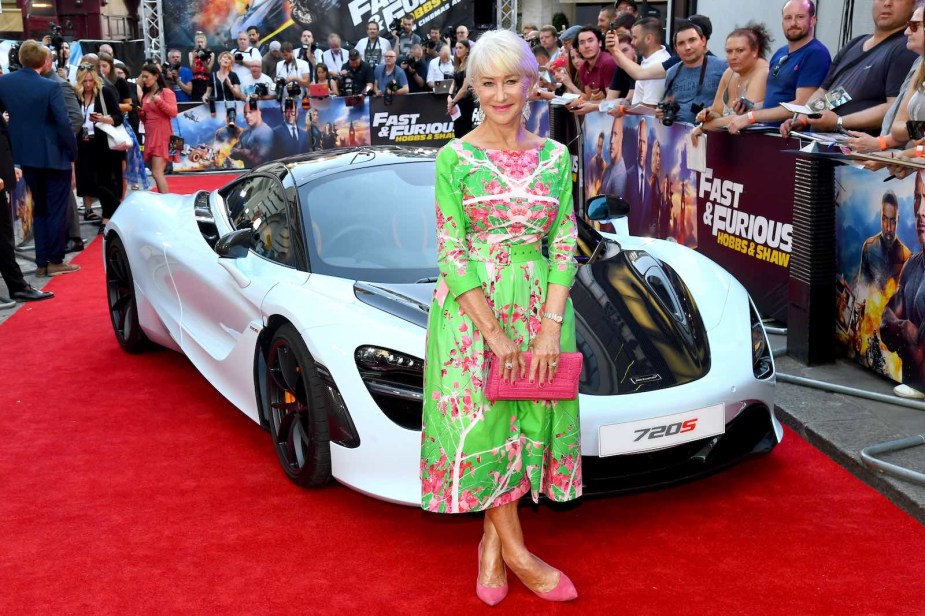 Oscar winning actress and fast and furious villain Helen Mirren stands on the red carpet at the Hobbs & Shaw premiere