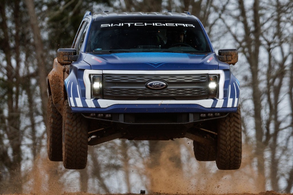 The Ford F-150 Lightning Switchgear jumping through the air