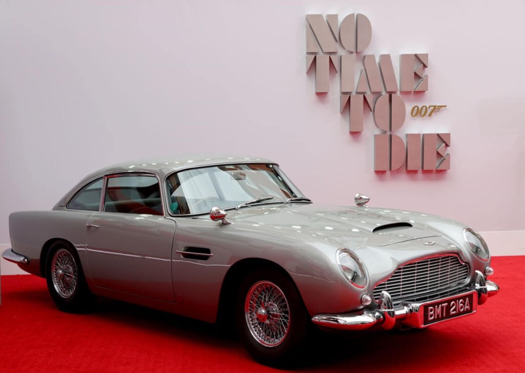 A silver 1964 Aston Martin DB5 shows off its looks at an event for the James Bond film "No Time To Die."