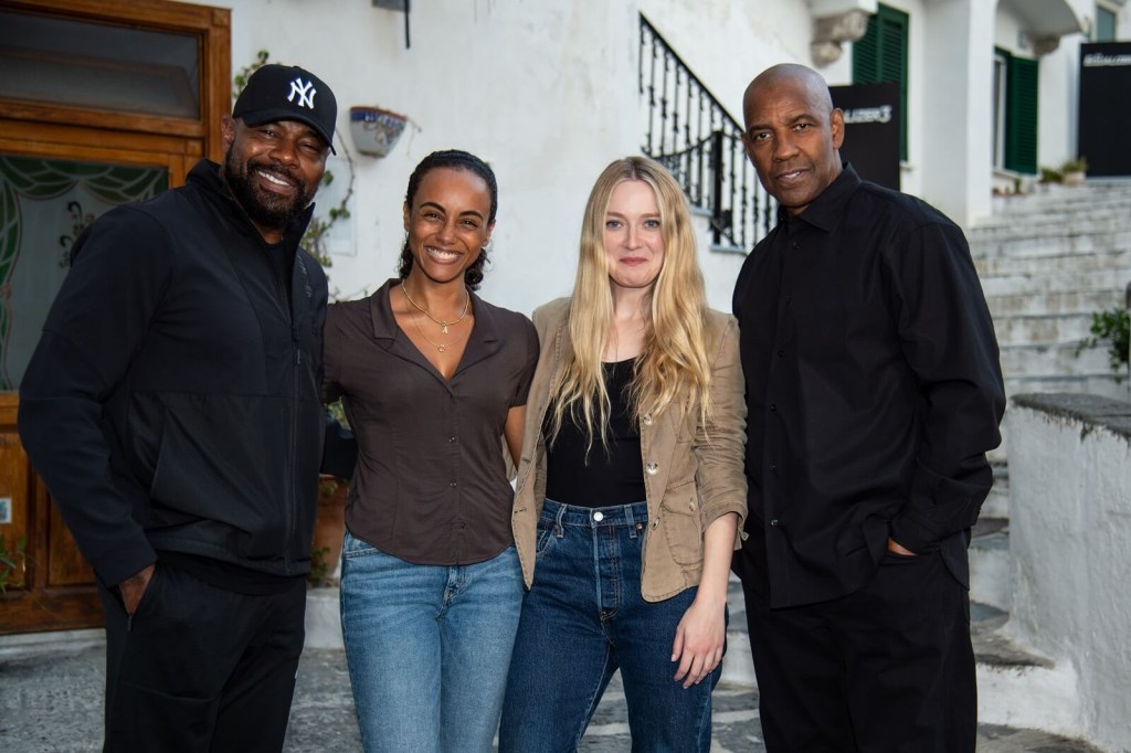 Antoine Fuqua, Gaia Scodellaro, Dakota Fanning and Denzel Washington on the Amalfi coast for "Equalizer 3."