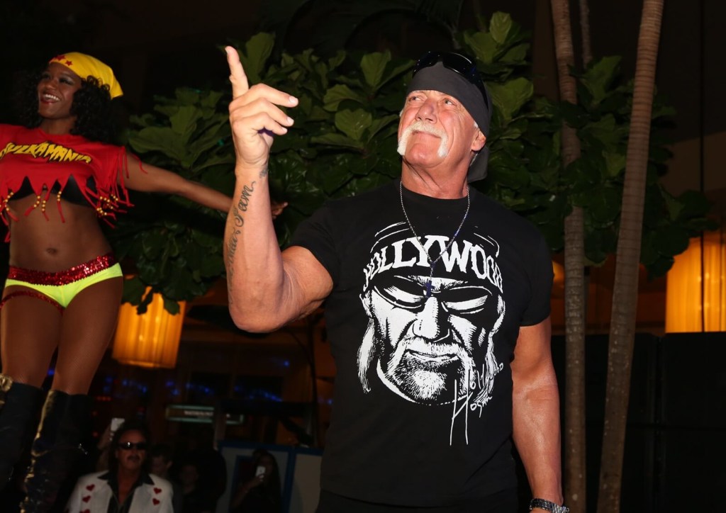 Hulk Hogan gestures in front of the camera. 