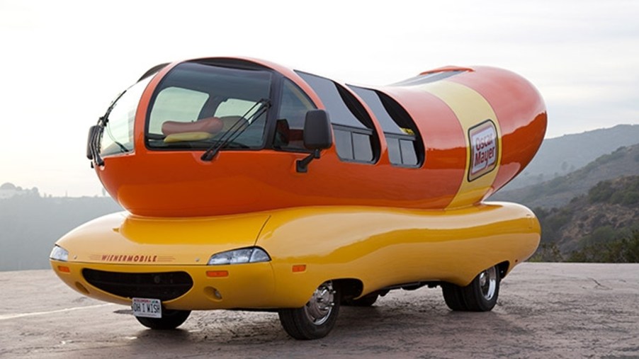 Oscar Mayer Wienermobile parked. This iconic hot dog-shaped vehilce can be seen around the country.