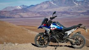 A BMW R 1300 GS motorcycle shows off its side profile on Ojos del Salado.