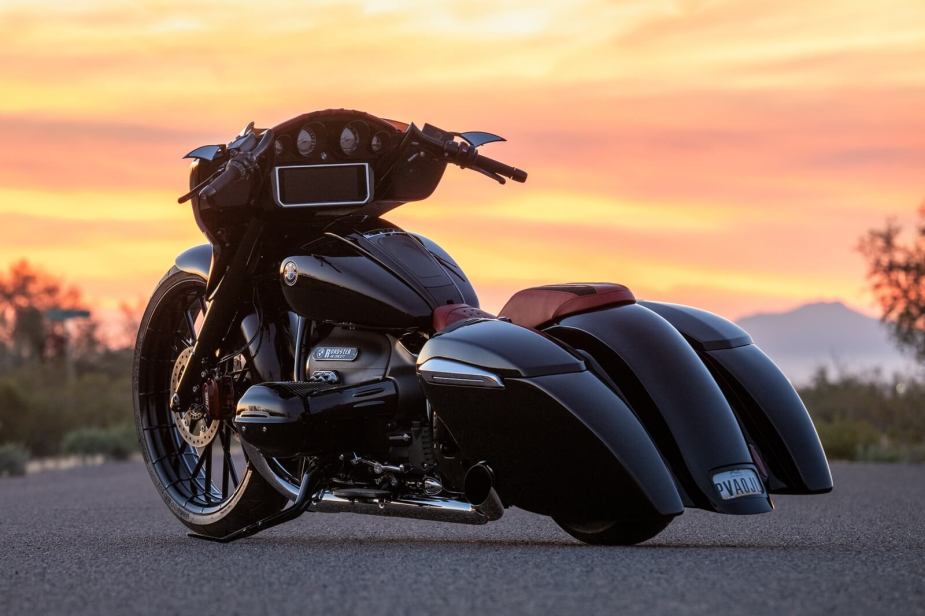 Paul Yaffe's custom BMW motorcycle sits under a sunset.