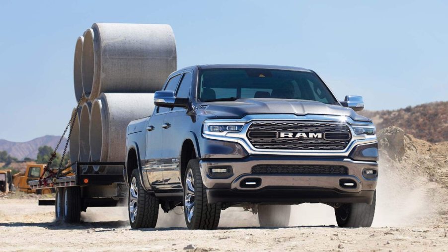 Gray Ram 1500 Towing a heavy load. This capable pickup truck gains a PHEV setup with the new Ramcharger.