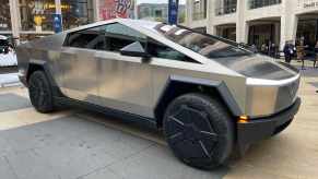 Tesla's new electric Cybertruck EV parked in a plaza