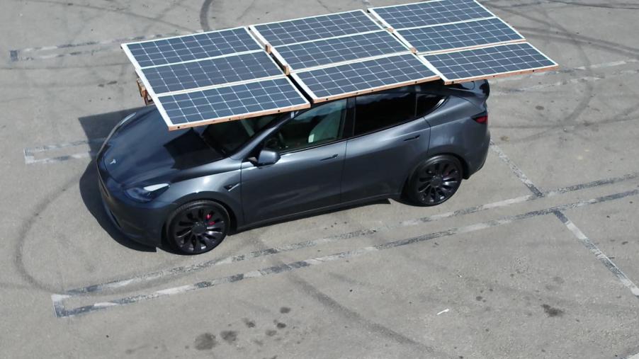 The Beta 2 array by Dart Solar deployed on the roof of a Tesla Model Y.