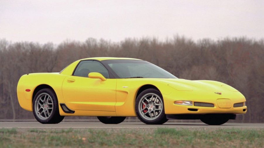 A yellow C5 Corvette Z06 shows off its front-end styling.