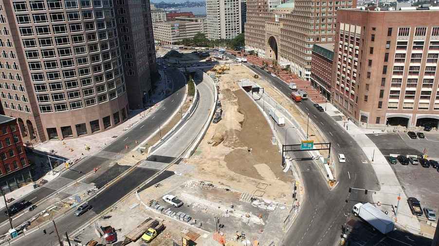 A bird's-eye view of the Boston Big Dig highway project underway in 2006
