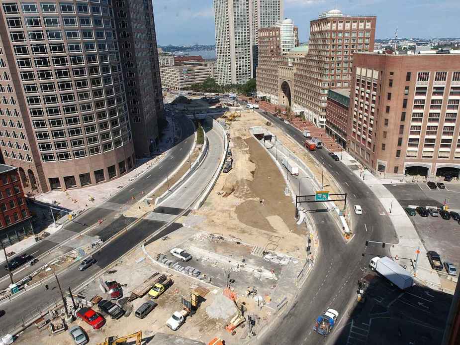 A bird's-eye view of the Boston Big Dig highway project underway in 2006