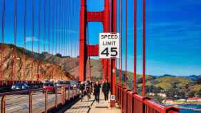 In California, a speed limit sign is posted on the Golden Gate Bridge in San Francisco