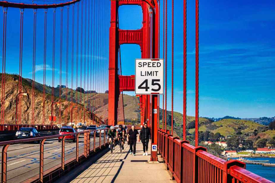 In California, a speed limit sign is posted on the Golden Gate Bridge in San Francisco