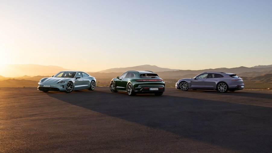 The 2025 Porsche Taycan Turbo S and its lineup siblings in the desert.