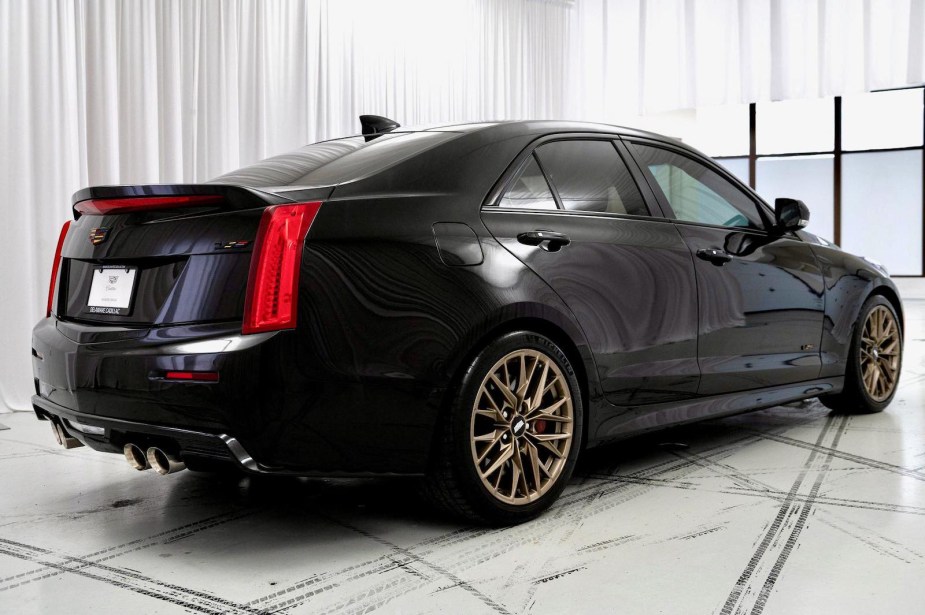 The rear of President Joe Biden's custom black Cadillac ATS-V