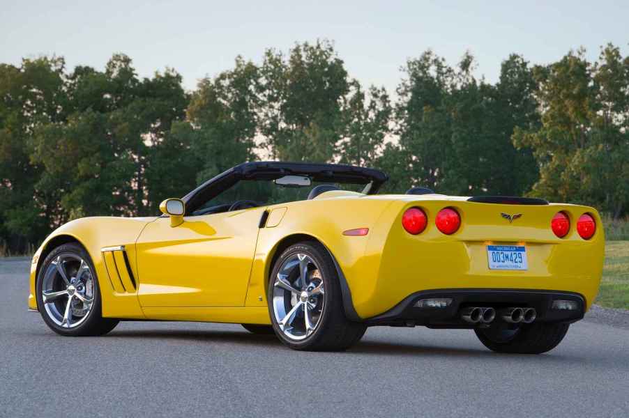 A yellow 2012 Chevrolet Corvette convertible is shown parked at left rear angle part of free fuel leak repair bulletin