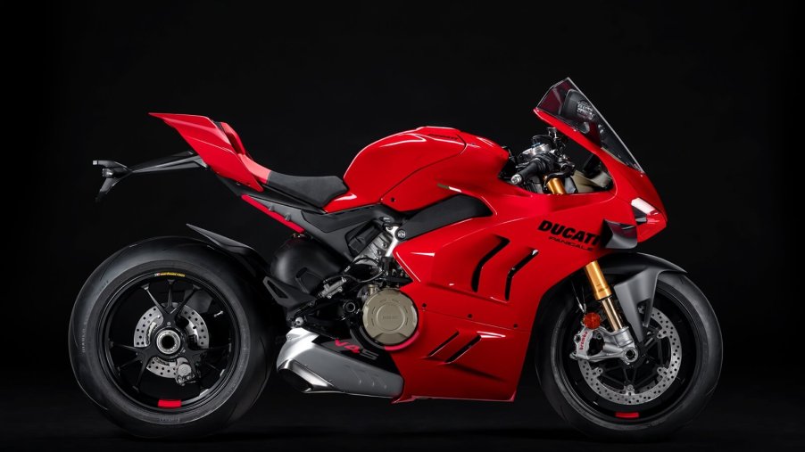 A Ducati Panigale V4 motorcycle shows off its side profile.