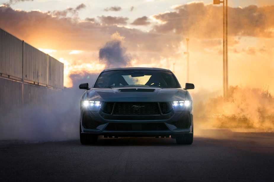 A 2024 Ford Mustang GT shows off its lights and sports car fascia.