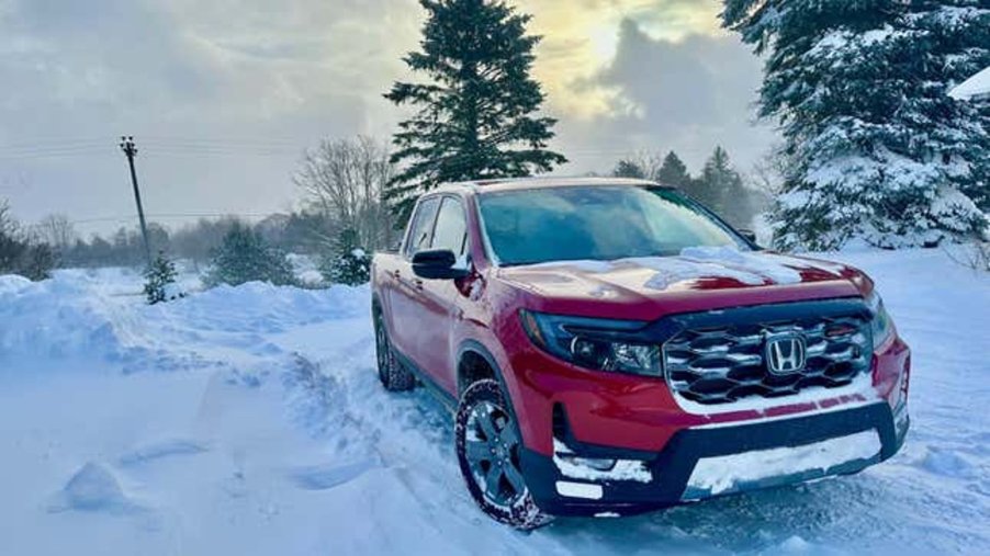 2024 Honda Ridgeline Trailsport in the Snow. This midsize truck proves capable of climbing hills in the snow.