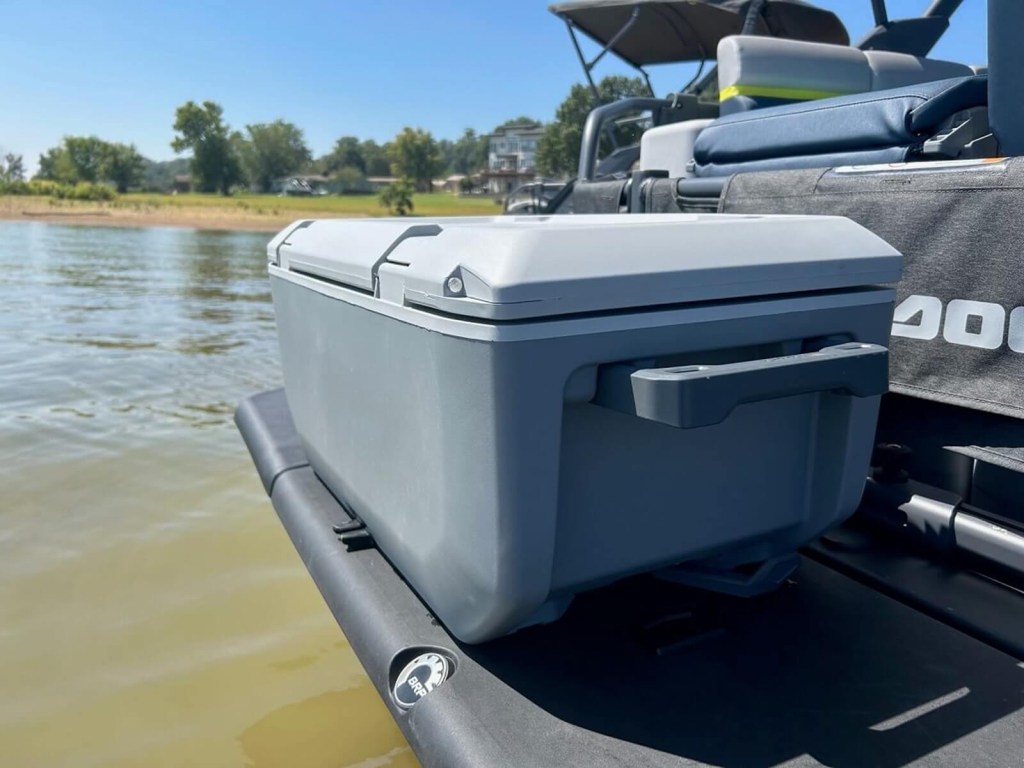 A LinQ cooler on the transom of a Sea-Doo boat.