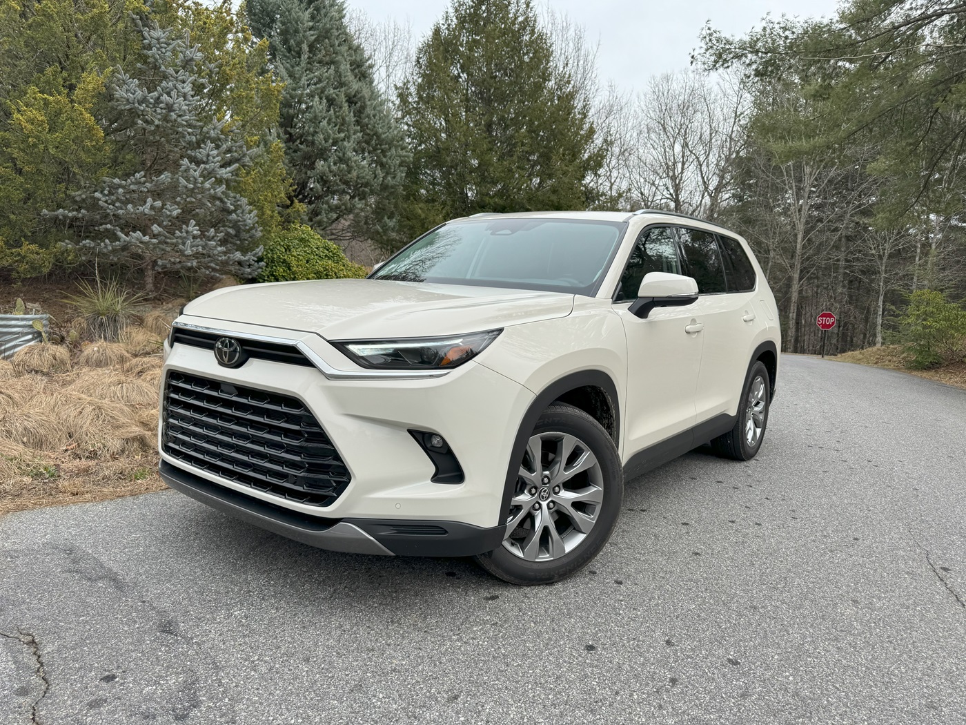 The 2024 Toyota Grand Highlander Hybrid parked near evergreen trees