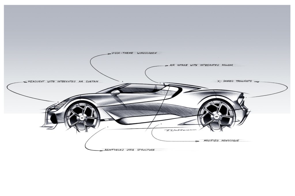 Original design sketches of the open-top Bugatti mistral convertible roadster