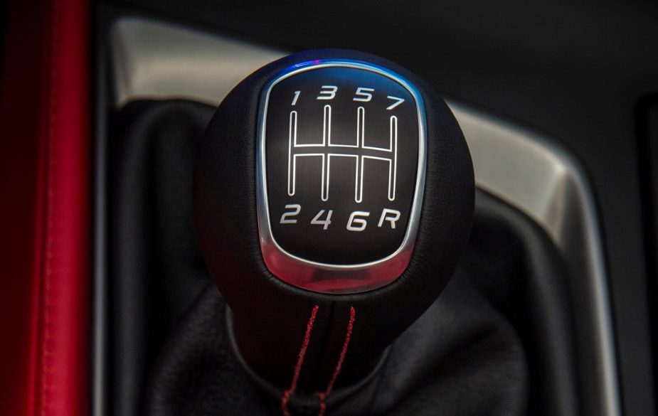 A C7 Corvette shows off its seven-speed manual transmission gear selector.